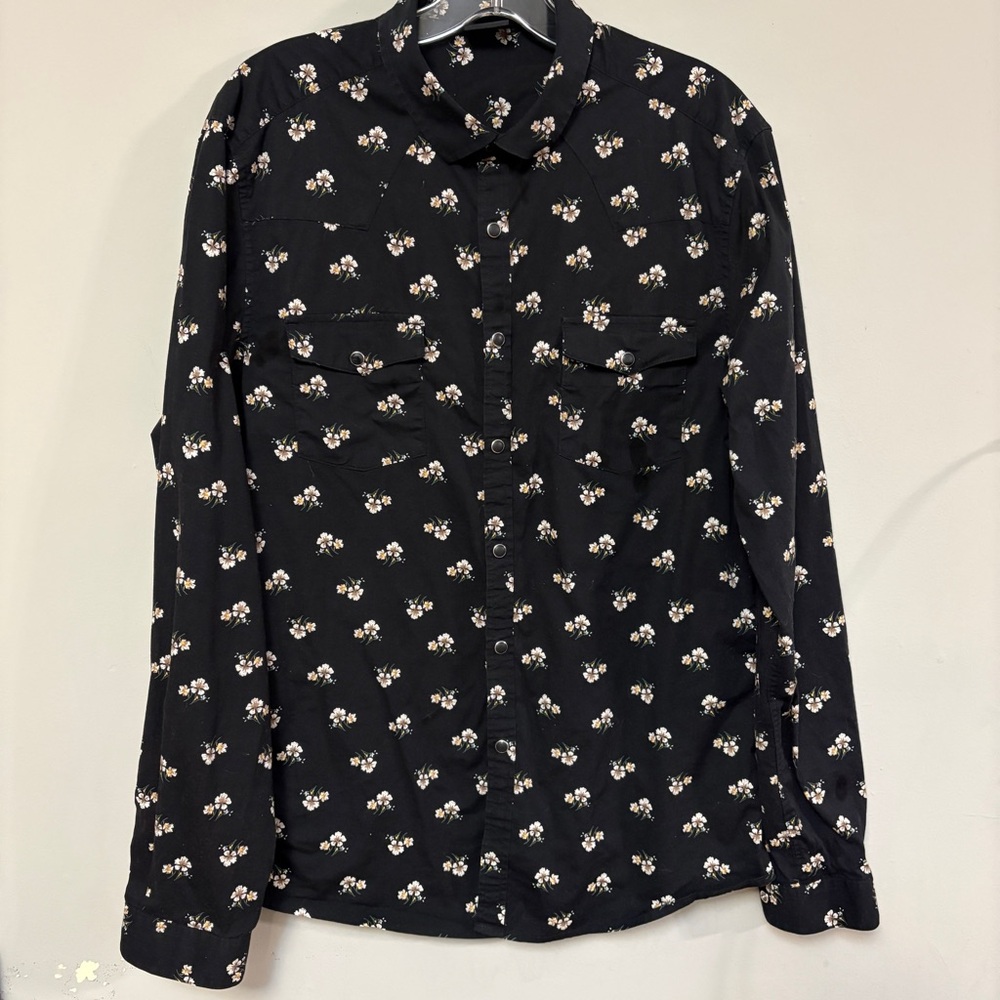 ASOS Men’s Black Floral Western Style Pearl Snap Shirt Sz L Poet Goth Whimsy